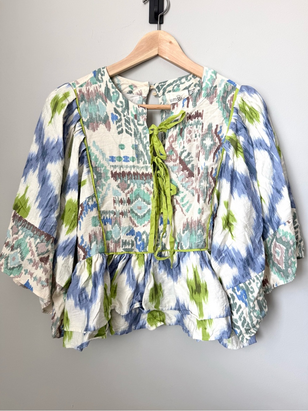 Umgee Boho Blue, Green & Cream Ikat Tie-Front Peasant Blouse Top